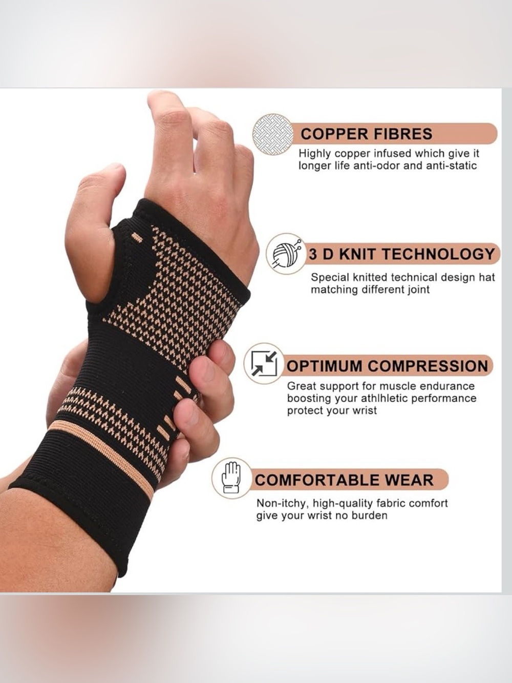 Copper-Infused Compression Wrist Support Wraps for Carpal Tunnel/Wrist Sprains - Picture 2 of 6